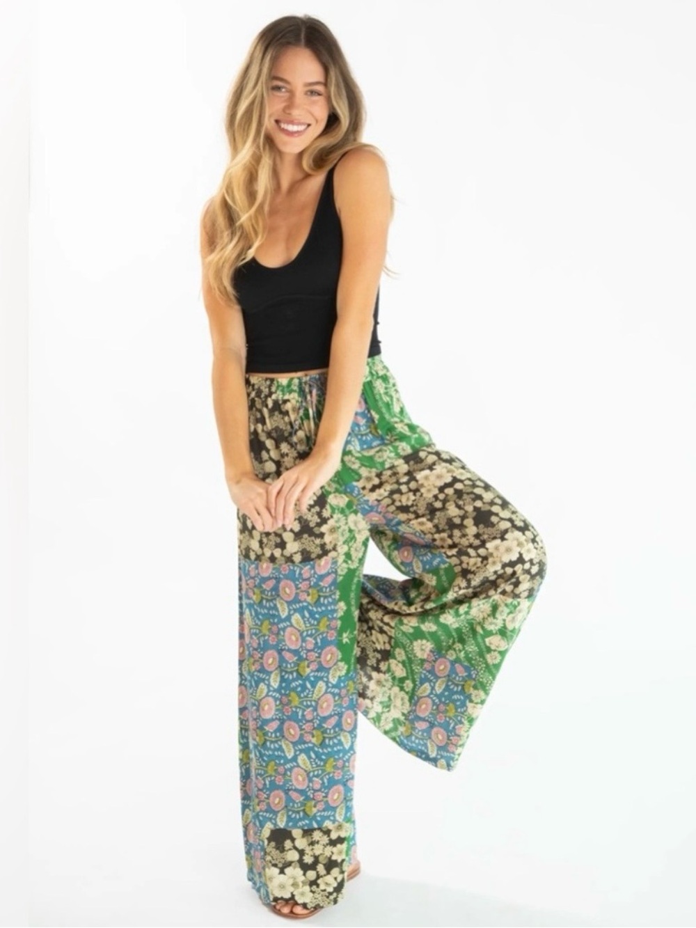 Natural Life Patchwork Wide Leg Pants Size Medium Boho Floral Palazzo